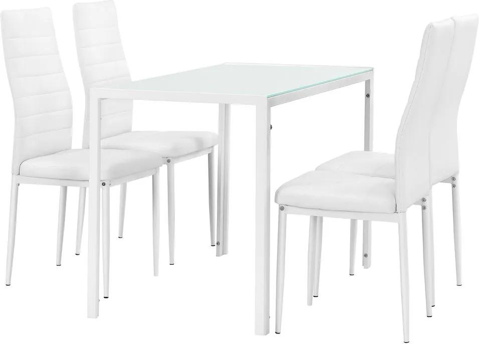 Set design masa de bucatarie/salon Hamburg, en.casa, 105 x 60 cm, 4 scaune, otel, sticla, imitatie piele, alb