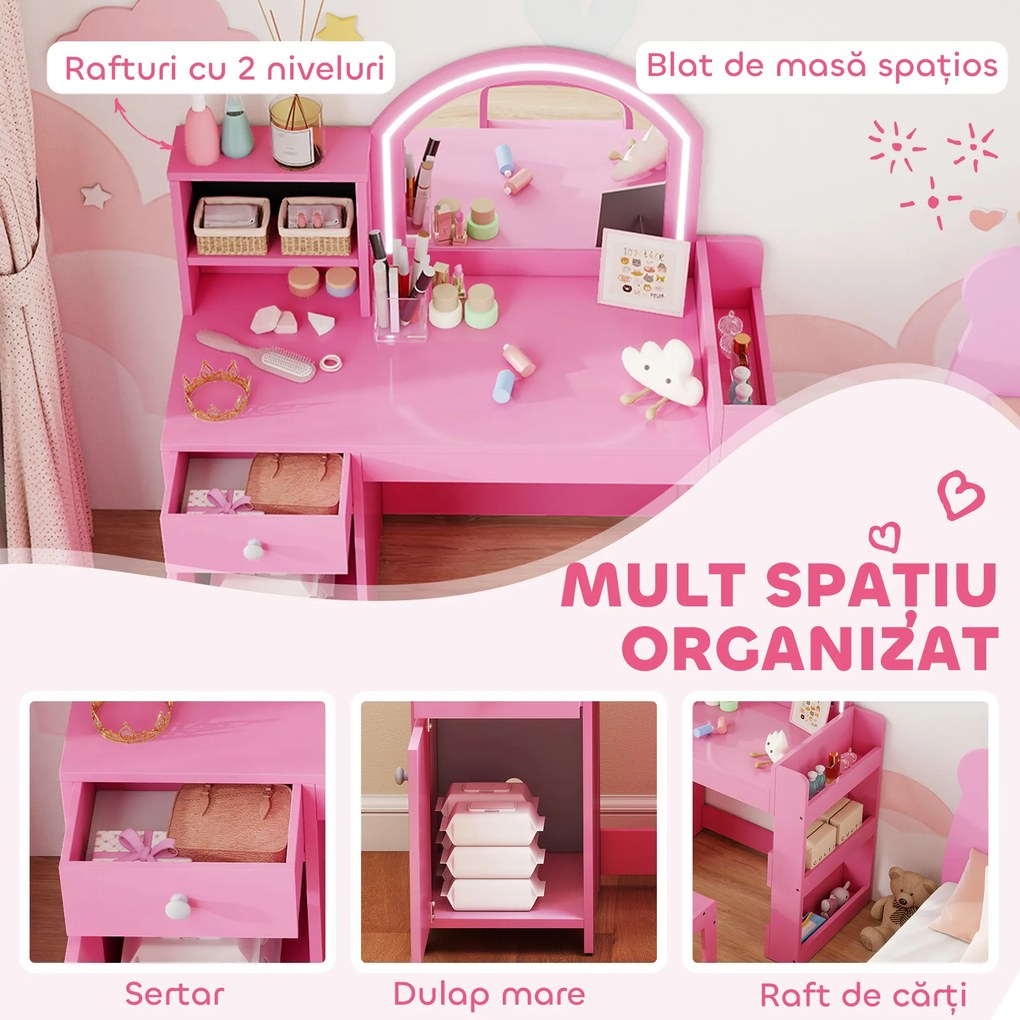 AIYAPLAY Set masă și scaun de machiaj pentru copii, cu lumini LED, MDF, Acril, 88.6 x 38.8 x 96.9, Roz | Aosom Romania
