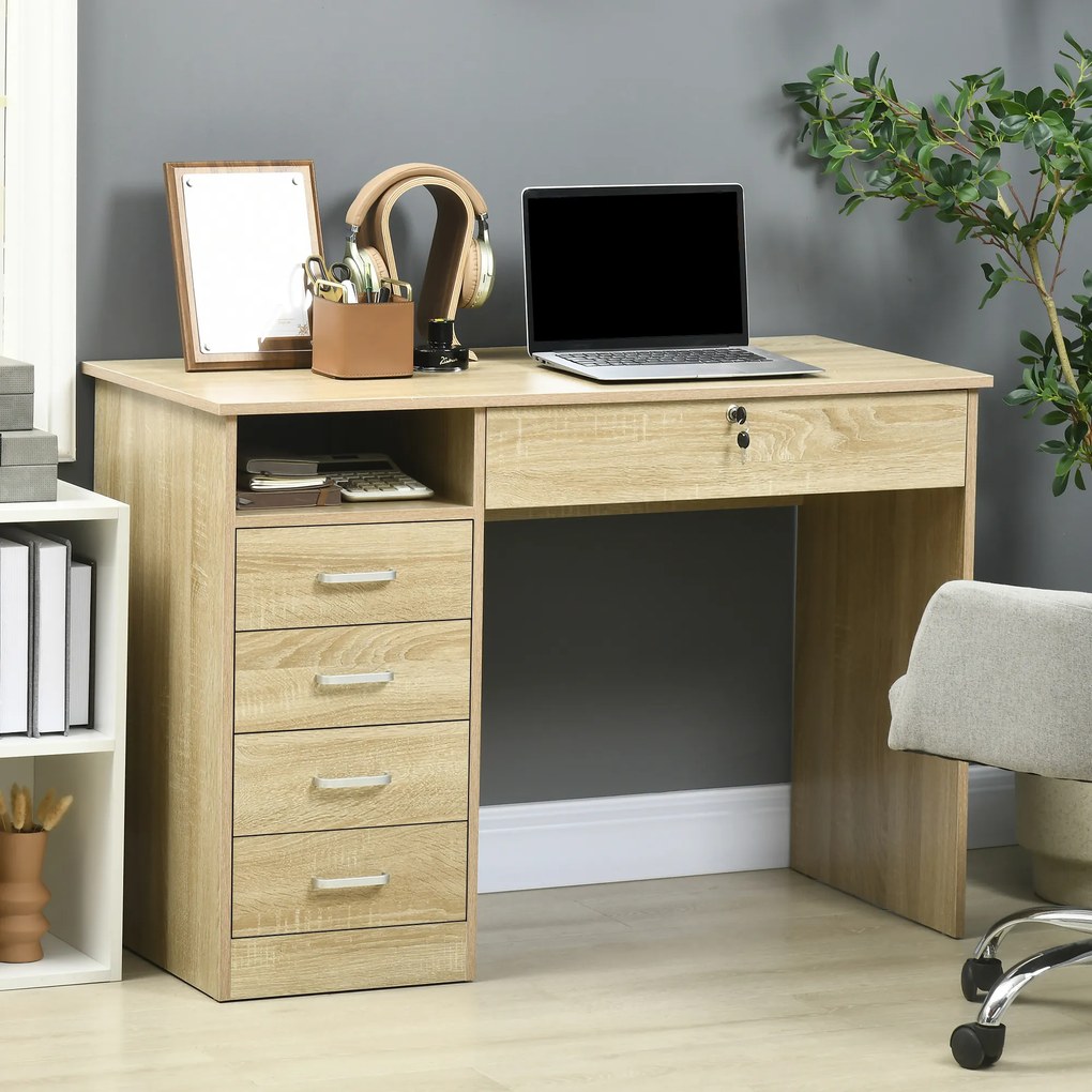 HOMCOM Birou Cameră sau Office Lemn cu 2 Sertare și 2 Chei, 110x50x76 cm, Stejar | Aosom Romania