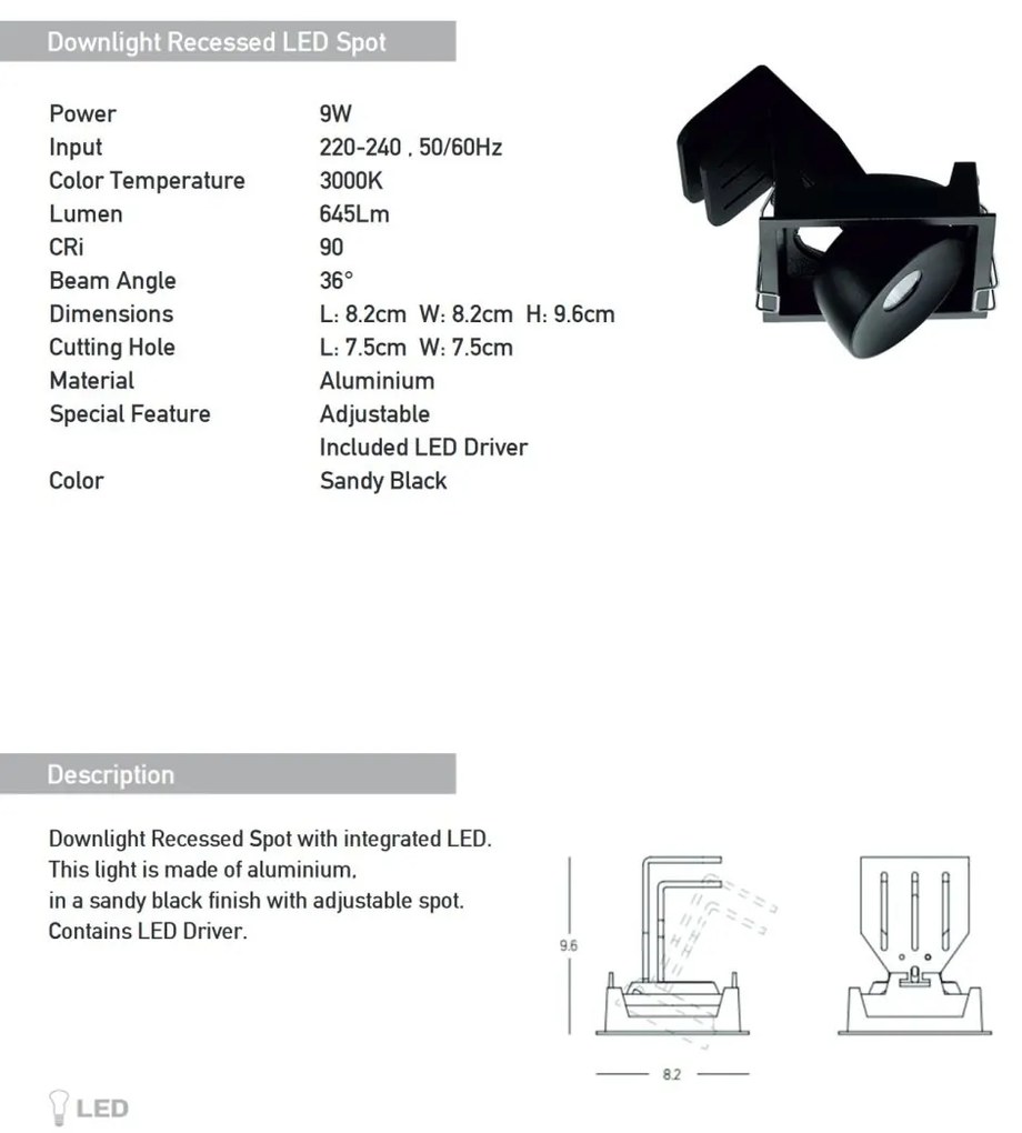 Spot LED reglabil Trimless 9W 3000K negru