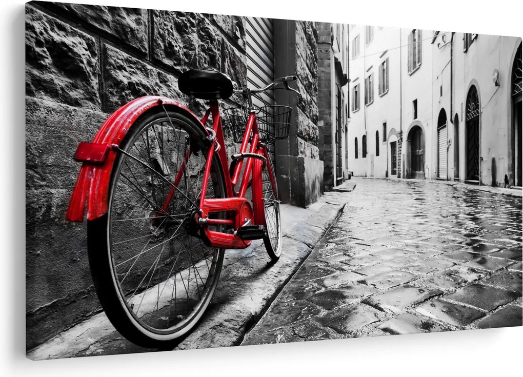 Tablou - Bicicleta roșie pe o stradă pavată (90x60 cm)