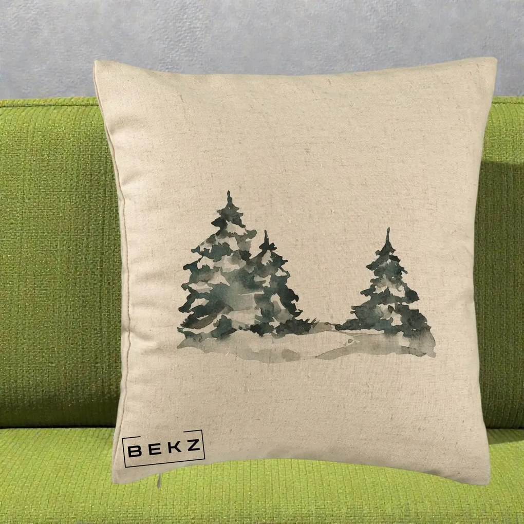 Perna Decorativa Brazi Inzapeziti Acuarela, 40x40 cm, Bej, Husa Detasabila, Perna Inclusa, BEKZ®