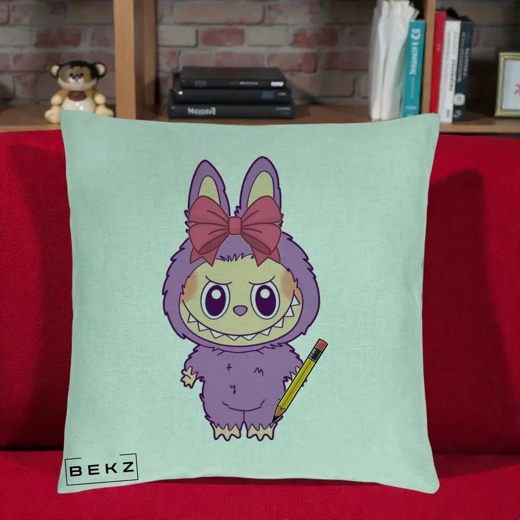 Perna Personalizata Labubu Mov cu Funda Rosie si Creion, 40x40 cm, Verde Menta, Husa Detasabila, Perna Inclusa, BEKZ®