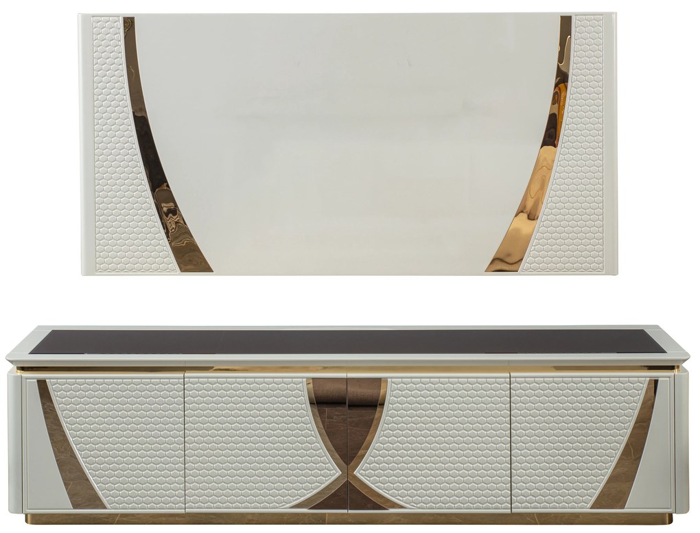 Set comoda tv si modul superior din mdf alb si auriu/negru si auriu lexus (200x51x57)