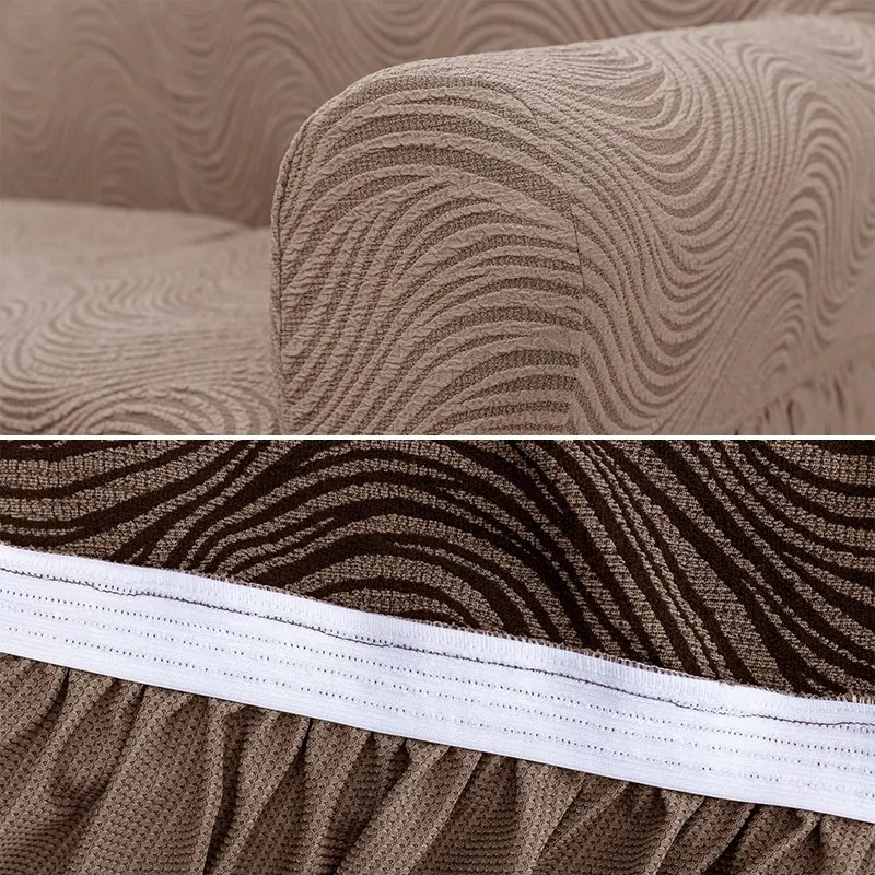 Husa elastica pentru fotoliu, cu volanas, model Jacquard Cappuccino in dungi