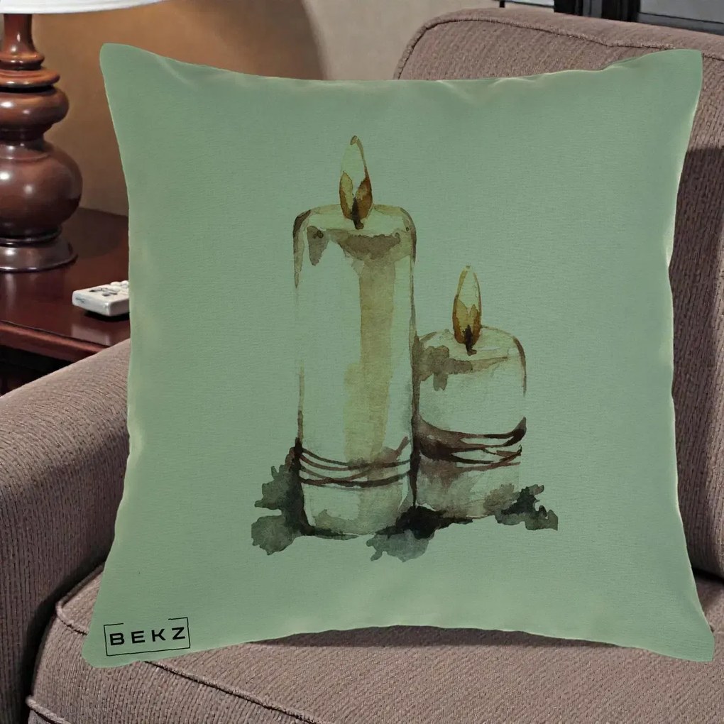 Perna Decorativa Lumanari Acuarela Iarna, 40x40 cm, Verde, Husa Detasabila, Perna Inclusa, BEKZ®