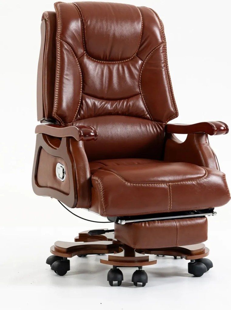 EXECUTIVE COMFORT 8007 –Scaun directorial din piele naturala si lemn masiv, Masaj in 9 puncte si Incalzire, rezistent 150 kg, Maro Inchis