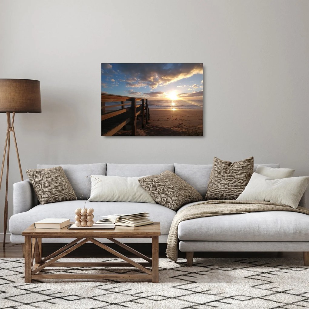 Tablou pe sticlă cu dig, plajă și mare (70x50 cm)