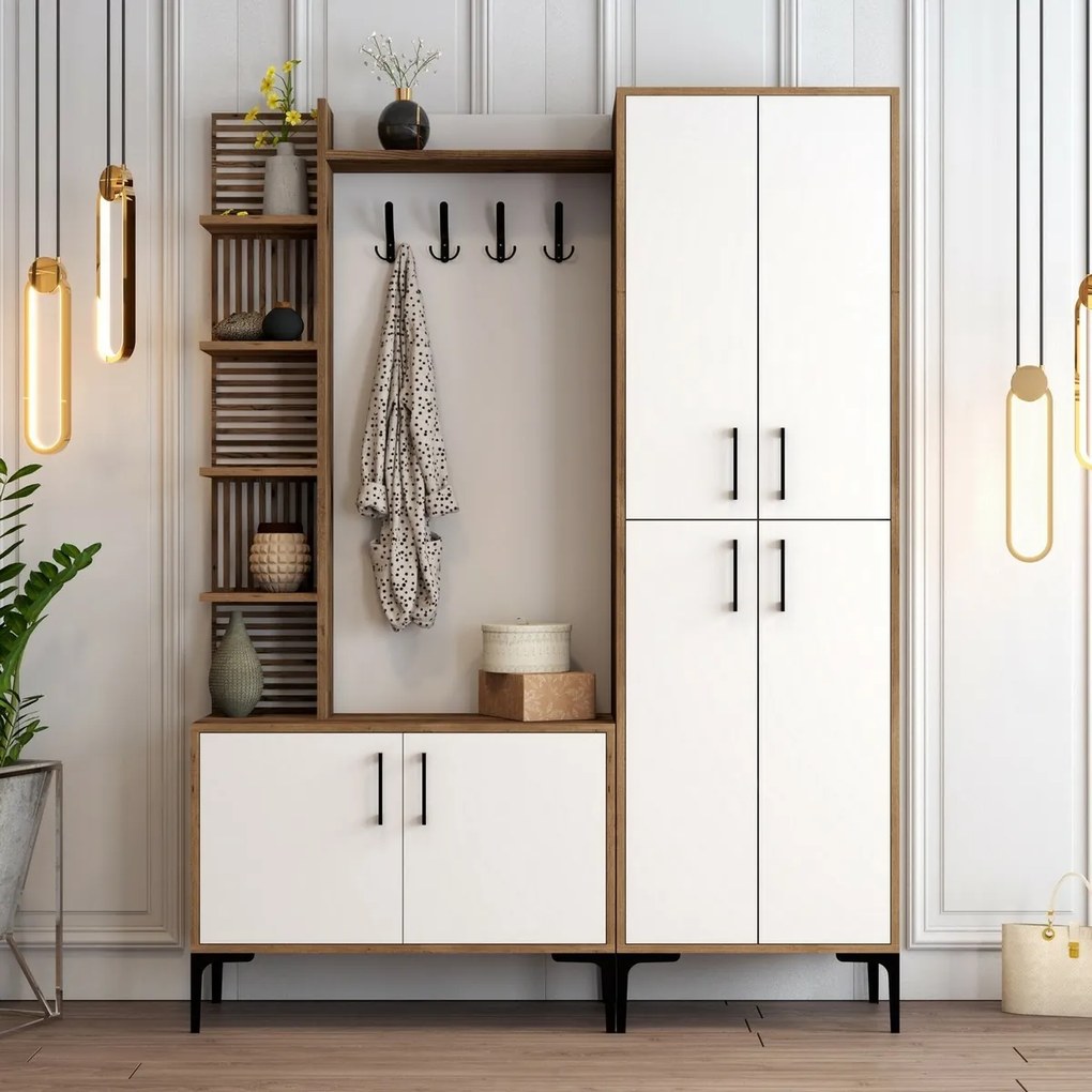 Cuier cu dulap pentru pantofi, rafturi și dulapViyana Walnut and White
