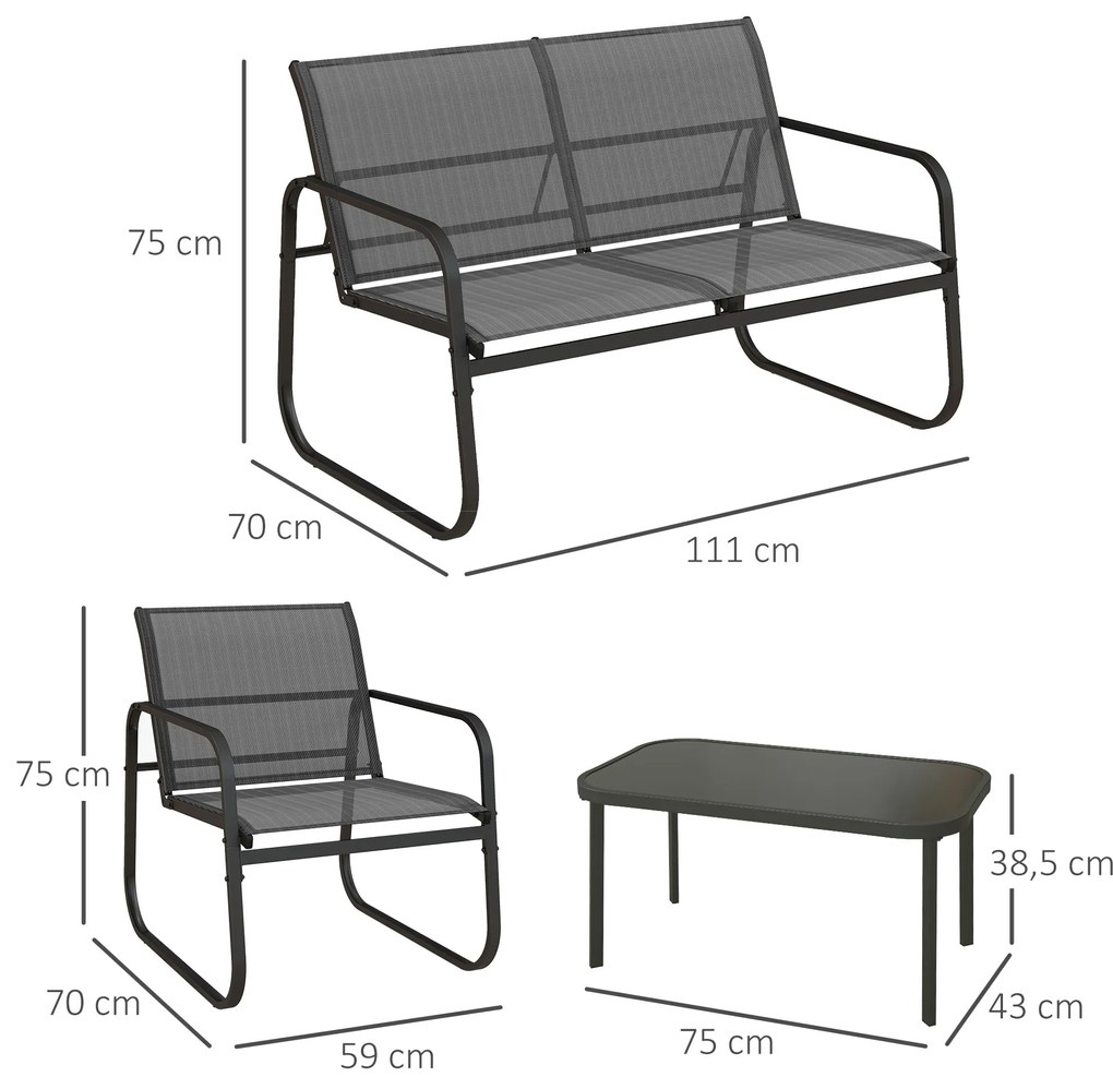 Outsunny Salon de grădină 4 piese cu 2 fotolii 1 canapea 2 locuri de exterior și masă de cafea blat sticlă securizată | Aosom Romania