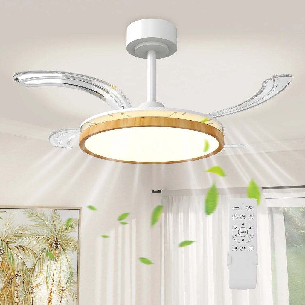 HOMCOM Ventilator de tavan cu lumină LED 80 W motor DC reversibil telecomandă 6 viteze temporizator Ø95 cm lemn natural | Aosom Romania