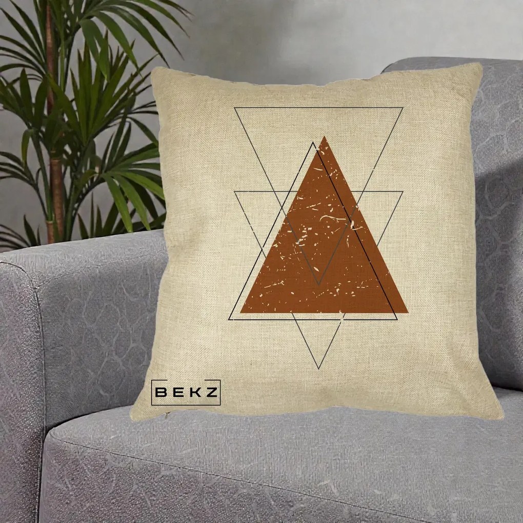 Perna Decorativa Geometric Triunghiuri Sacred, 40x40 cm, Crem, Husa Detasabila, Perna Inclusa, BEKZ®