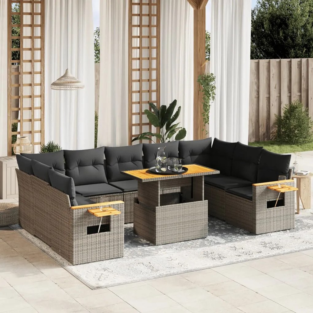 vidaXL Set mobilier de grădină cu perne, 10 piese, gri, poliratan