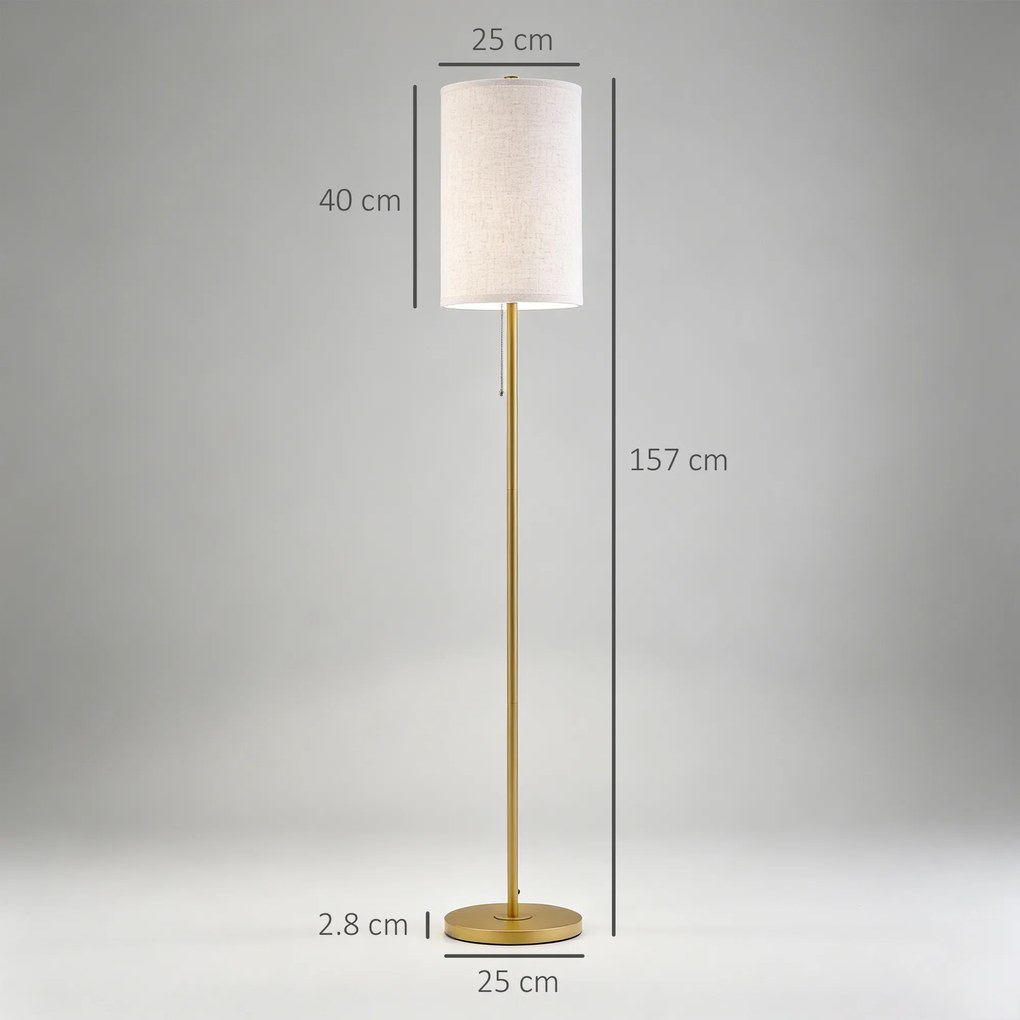 HOMCOM Lampadar cu Abajur din In și Dulie E27, In și Oțel, 25,5x25,5x157 cm, Auriu | Aosom Romania