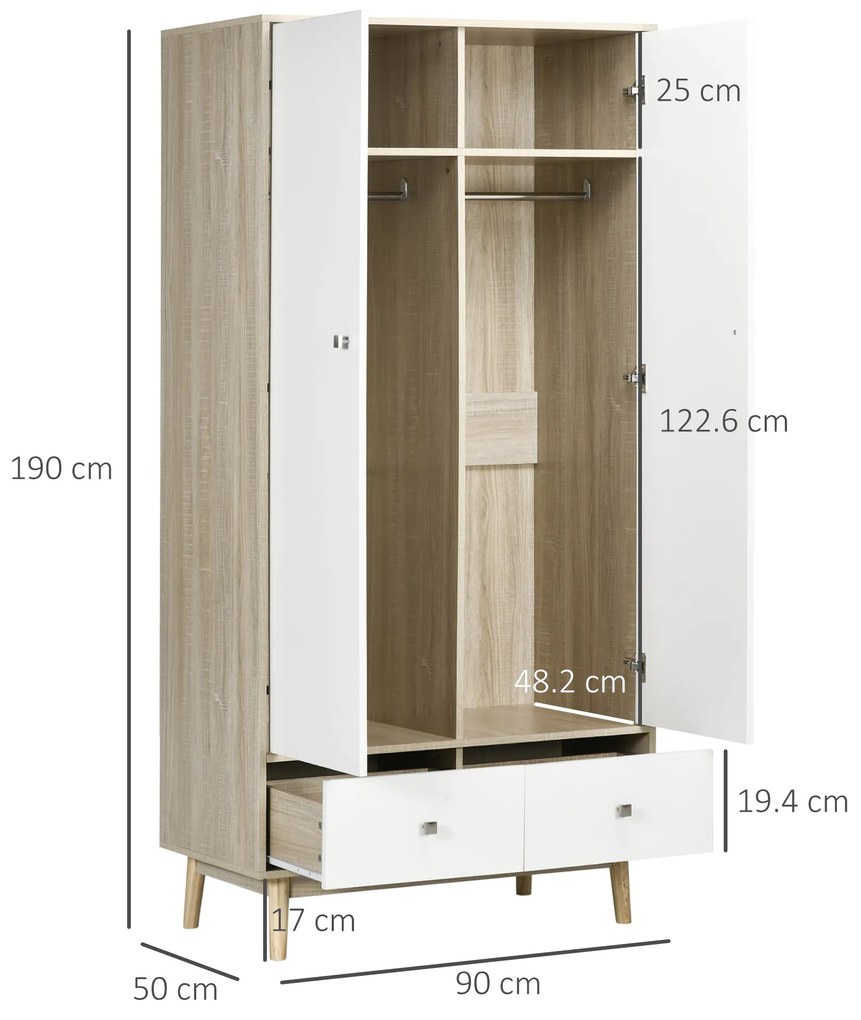 HOMCOM Dulap haine, 2 sertare si cuier, cu 2 usi, cu 4 compartimente, dulap cu sertar rezistent la apa si usor de curatat, alb, 90x50x190cm | Aosom Romania