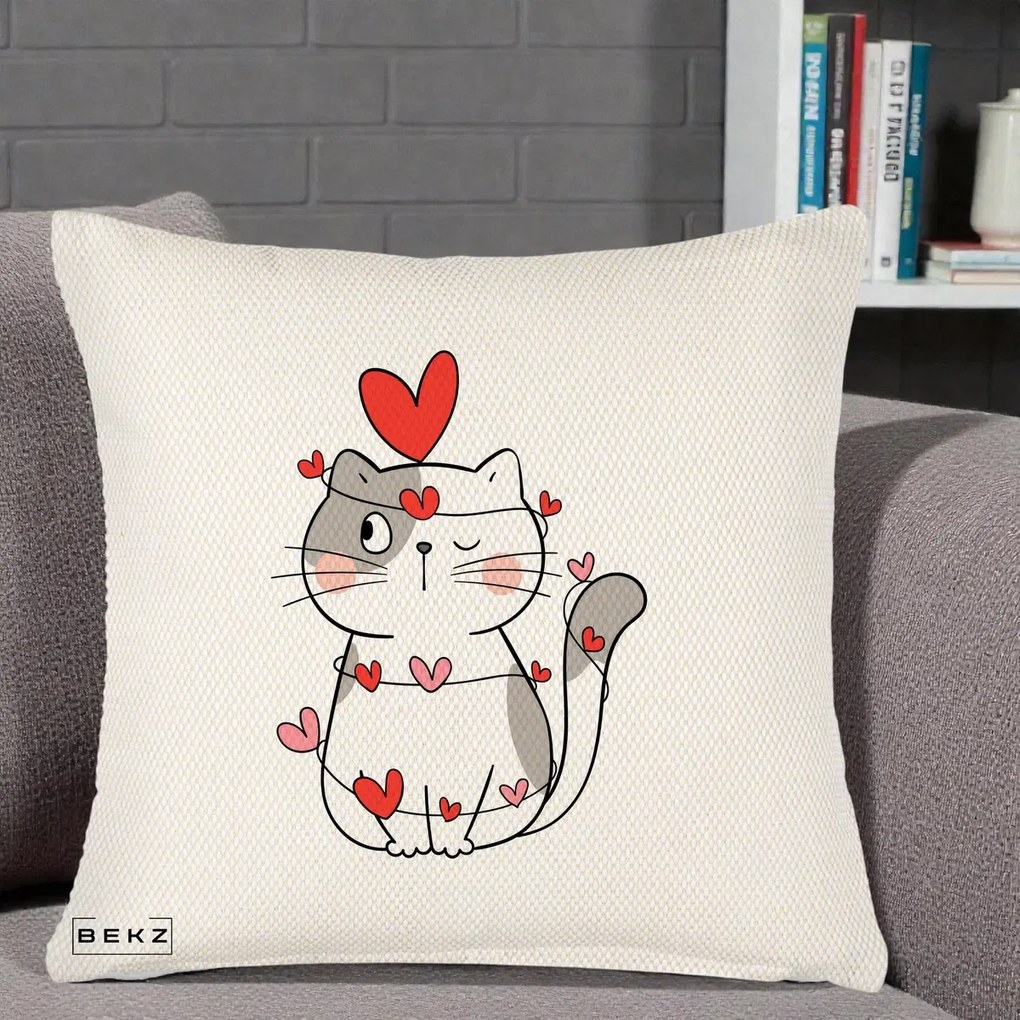 Perna Decorativa Pisica Kawaii cu Inimi, 40x40 cm, Crem Reliefat, Husa Detasabila, Perna Inclusa, BEKZ®