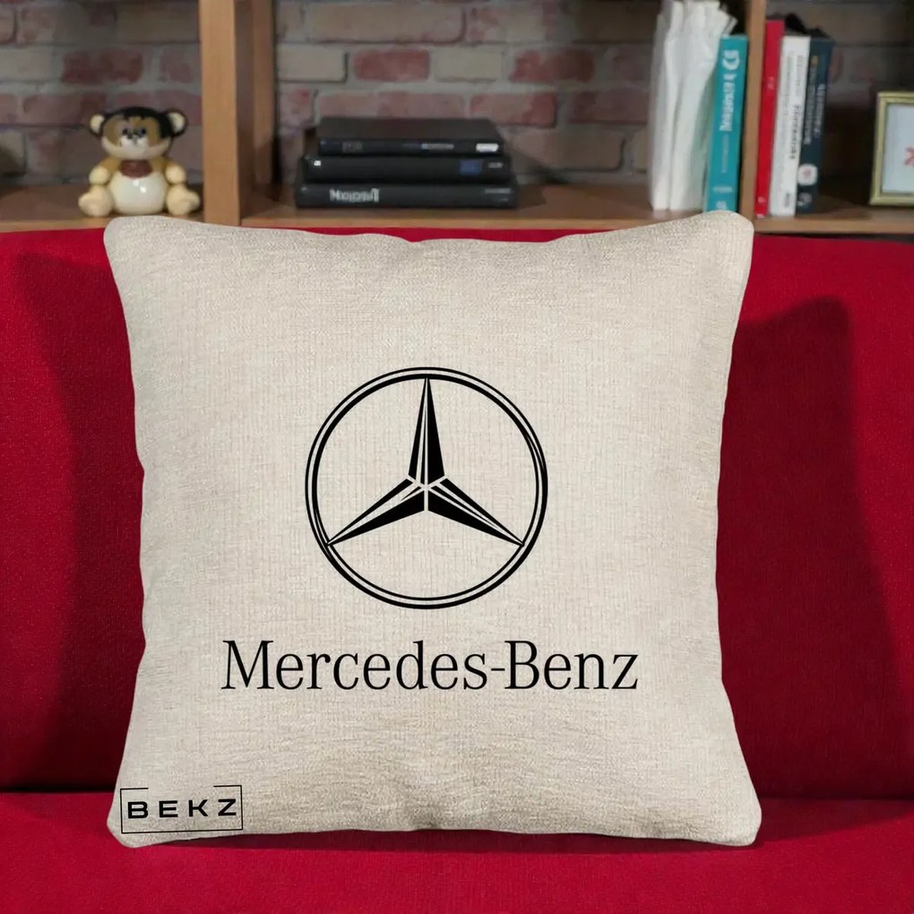 Perna Personalizata cu emblema Mercedes-Benz, 40x40 cm, Bej Canapea, Husa Detasabila, Perna Inclusa, BEKZ®