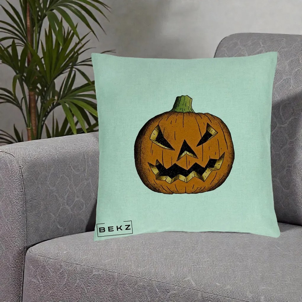 Perna Decorativa Halloween Dovleac Portocaliu Clasic, 40x40 cm, Verde Menta, Husa Detasabila, Perna Inclusa, BEKZ®