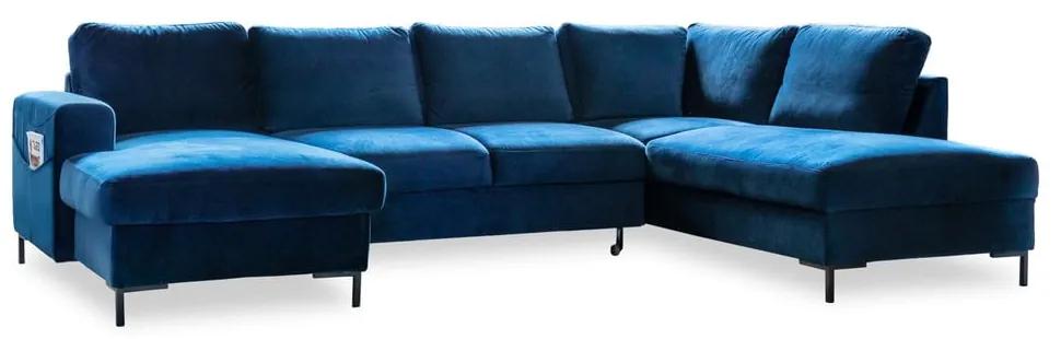 Canapea extensibilă din catifea în formă de „U” cu șezlong pe partea dreaptă Miuform Lofty Lilly, albastru marin