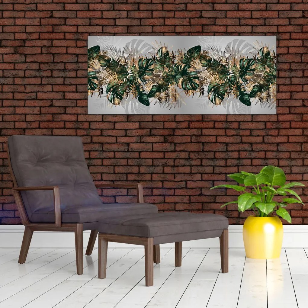 Tablou - Frunze tropicale, Galben - auriu (120x50 cm)