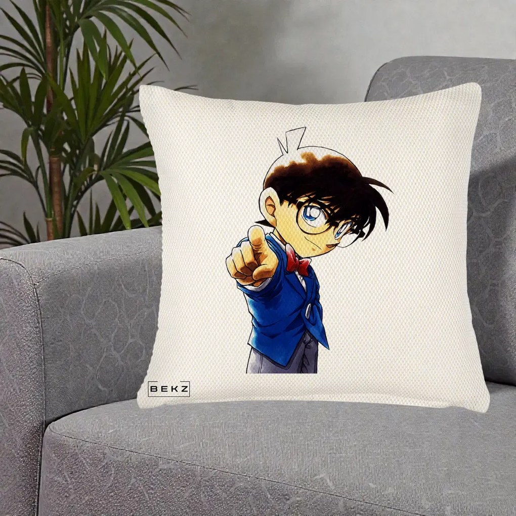 Perna Personalizata Detective Conan Conan Arata, 40x40 cm, Crem Reliefat, Husa Detasabila, Perna Inclusa, BEKZ®