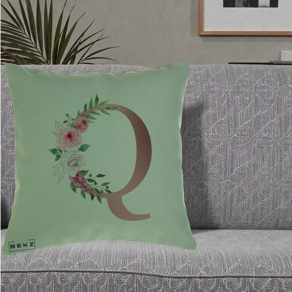 Cadou Personalizat - Perna Personalizata Monograma Rose Gold Litera Q, 40x40 cm, Verde, Husa Detasabila, Perna Inclusa, BEKZ®