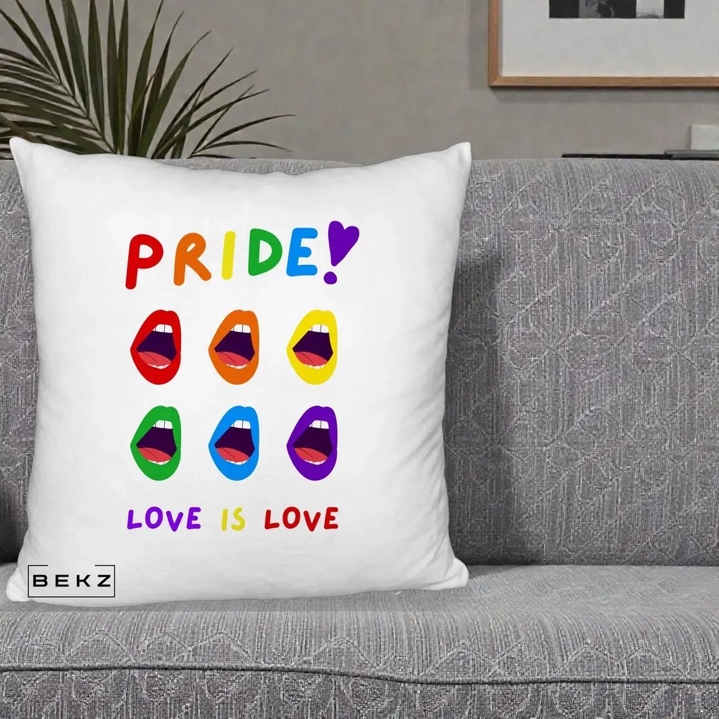Perna Personalizata Pride Love is Love Curcubeu, 40x40 cm, Alb Pufos, Husa Detasabila, Perna Inclusa, BEKZ®