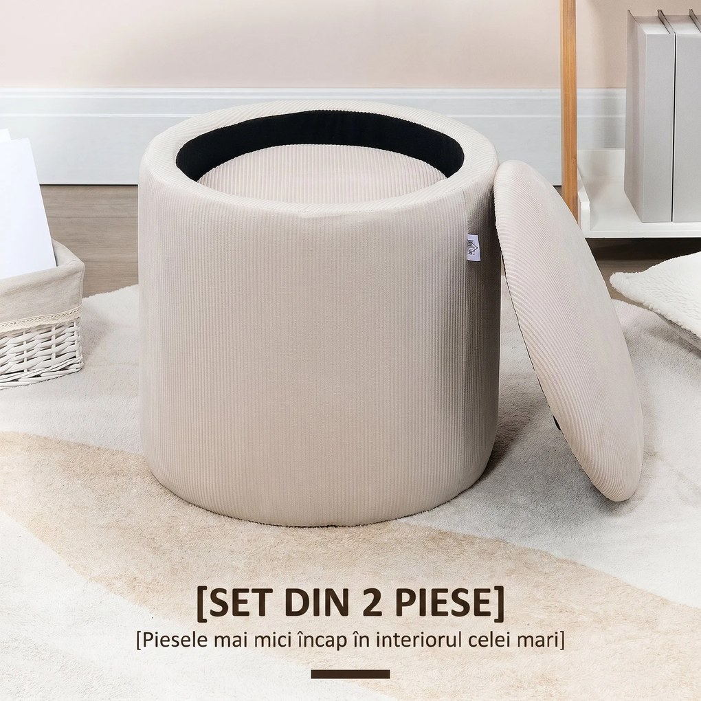 HOMCOM Set de 2 Pouf-uri pentru Depozitare Salvaspazio Rotunde și Îmbunătățite din Catifea cu Nervuri, Alb | Aosom Romania
