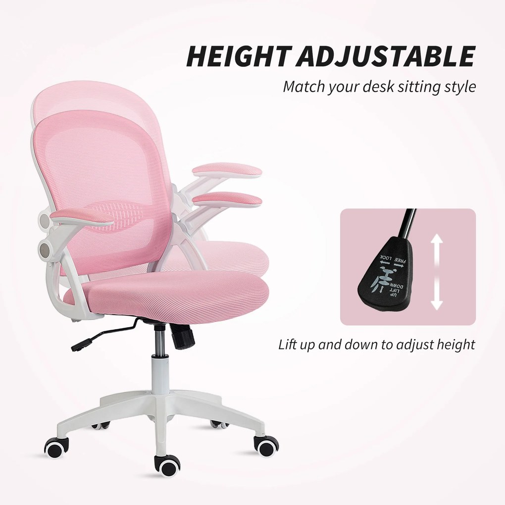 Vinsetto Scaun de Birou Ergonomic, Reglabil, cu Spătar din Plasă și Scaun Captusit, 65.5x61.5x88-97.5 cm, Roz | Aosom Romania