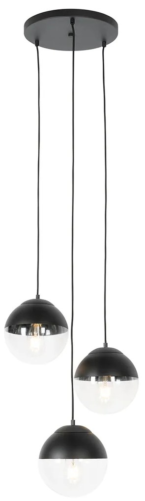 Lampa suspendata retro neagra cu sticla transparenta rotunda cu 3 lumini - Eclipse