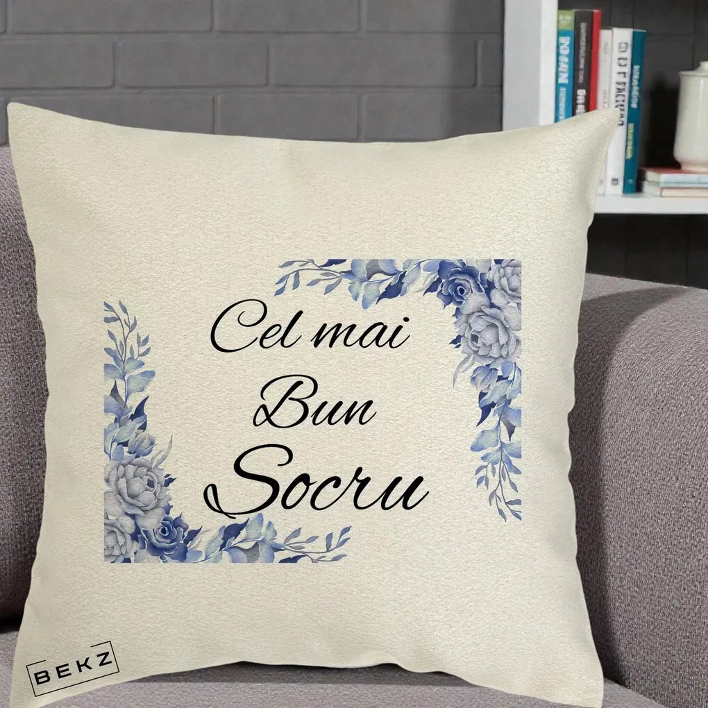 Cadou pentru Socru - Perna Personalizata Cel mai Bun Socru cu Flori Albastre Acuarela, 40x40 cm, Ecru, Husa Detasabila, Perna Inclusa, BEKZ®