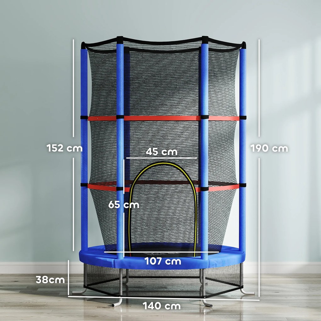 HOMCOM Saltea Elastică pentru Copii 3-6 Ani cu Plasă de Protecție, 6 Stâlpi și 3 Intrări, Ø140x190 cm, Albastru | Aosom Romania