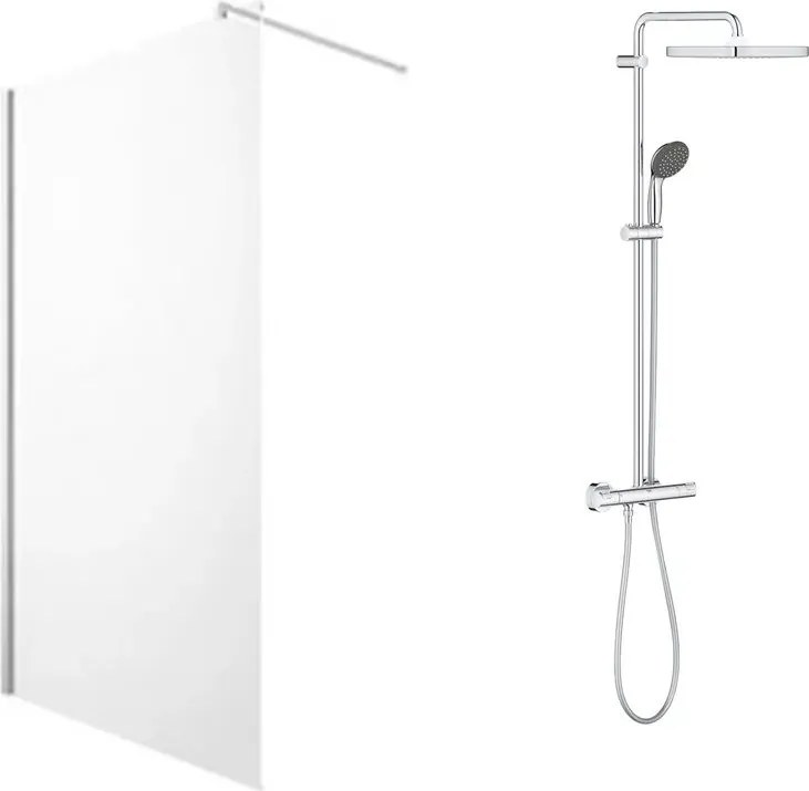 Pachet paravan dus Walk-In Omnires Marina crom 90x200 cm si coloana de dus cu baterie termostatata Grohe Vitalio Start Cube 250 crom lucios