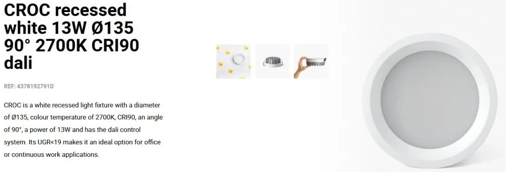 Spot LED incastrabil CROC IP44 recessed white 13W 13,5cm 90 grade 2700K CRI90 dali
