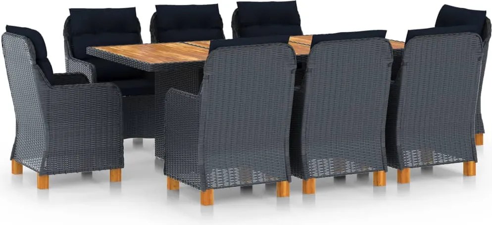 vidaXL Set mobilier exterior cu perne, 9 piese, gri închis, poliratan