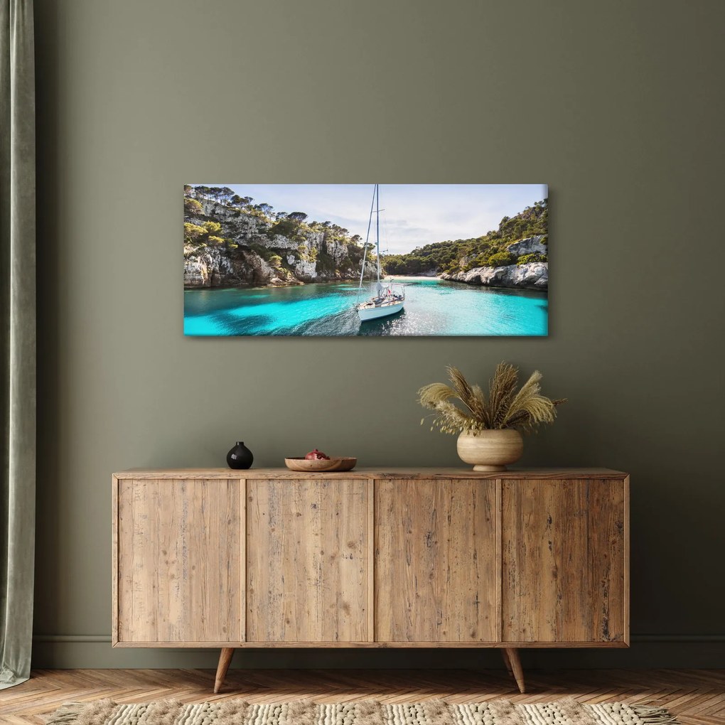 Tablou - Plajă cu barca cu pânze (120x50 cm)