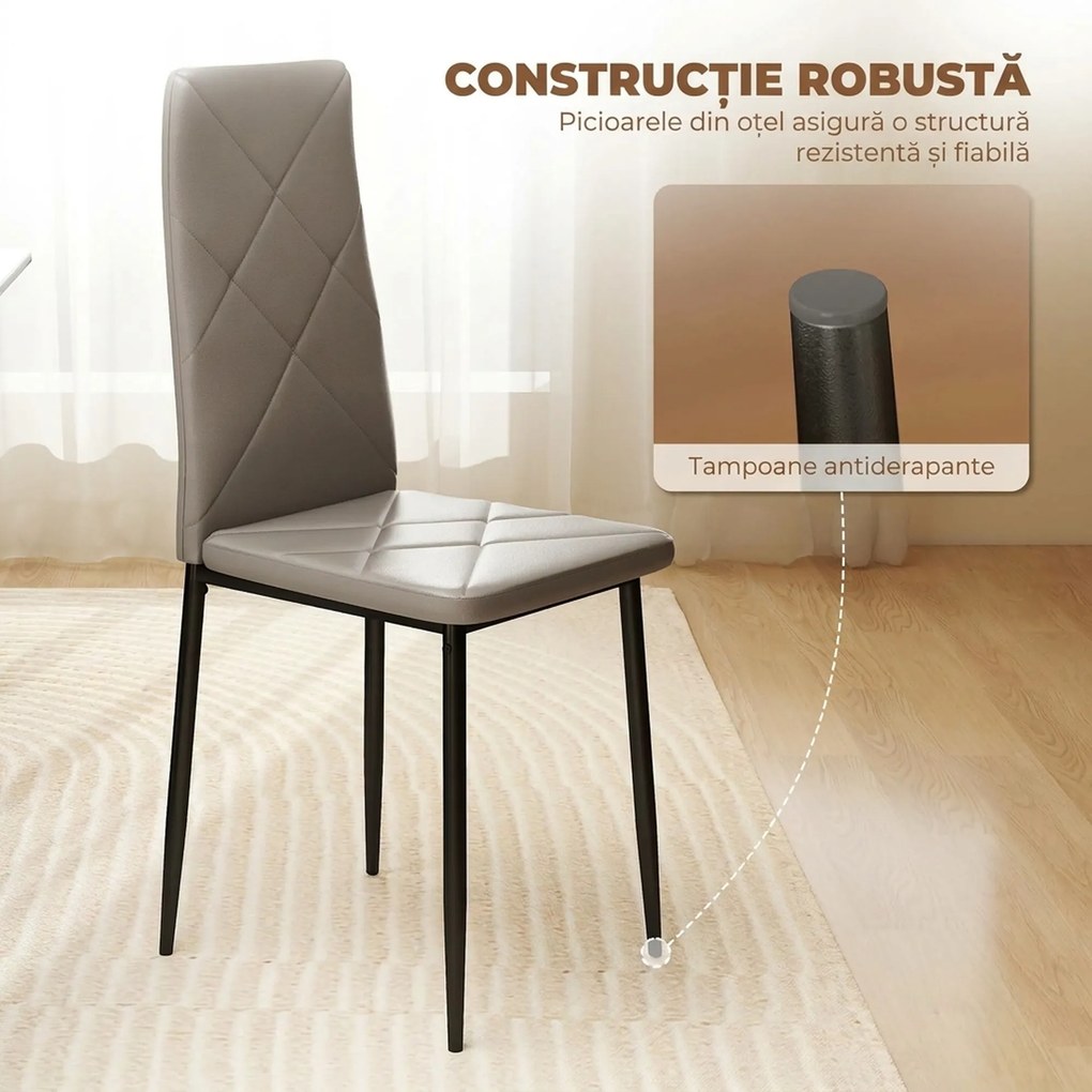 HOMCOM Set de 6 Scaune de Sufragerie, cu Spătar Înalt cu Cusături Tip Romb din Piele Ecologică și Oțel, 41x50x97 cm, Gri | Aosom Romania