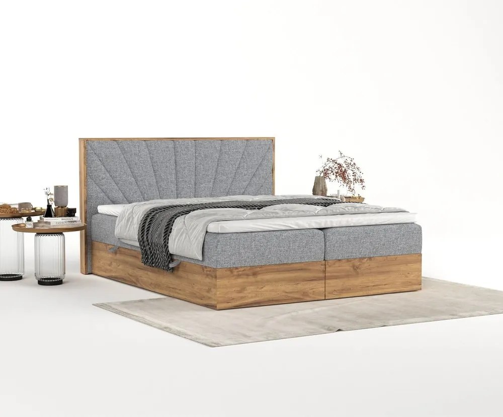 Pat boxspring gri/în culoare naturală cu spațiu de depozitare 160x200 cm Asahi – Maison de Rêve