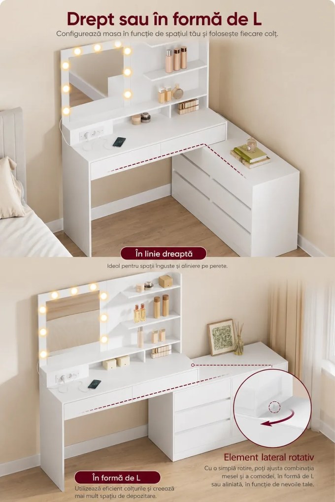 Masuta machiaj pentru Colt cu Oglinda LED si 8 Sertare pentru Cosmetice, Set Masa toaleta Alba, masuta cosmetica, vanity cu Priza si USB - SEA16