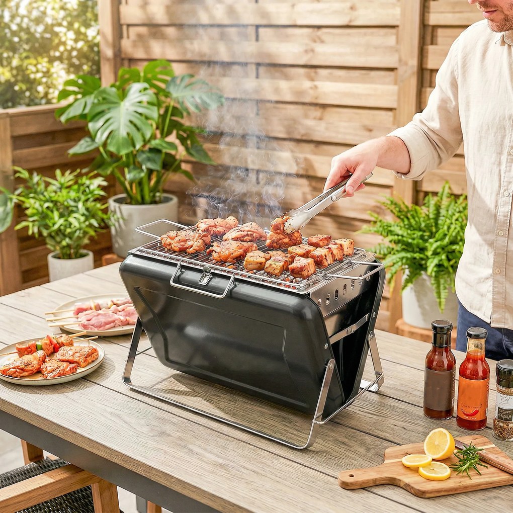 Outsunny Grătar pe cărbune din oțel inoxidabil BBQ Smoker cu grilă, mâner și picioare pliante pentru barbecue camping 40x28x25,5cm Negru | Aosom Romania