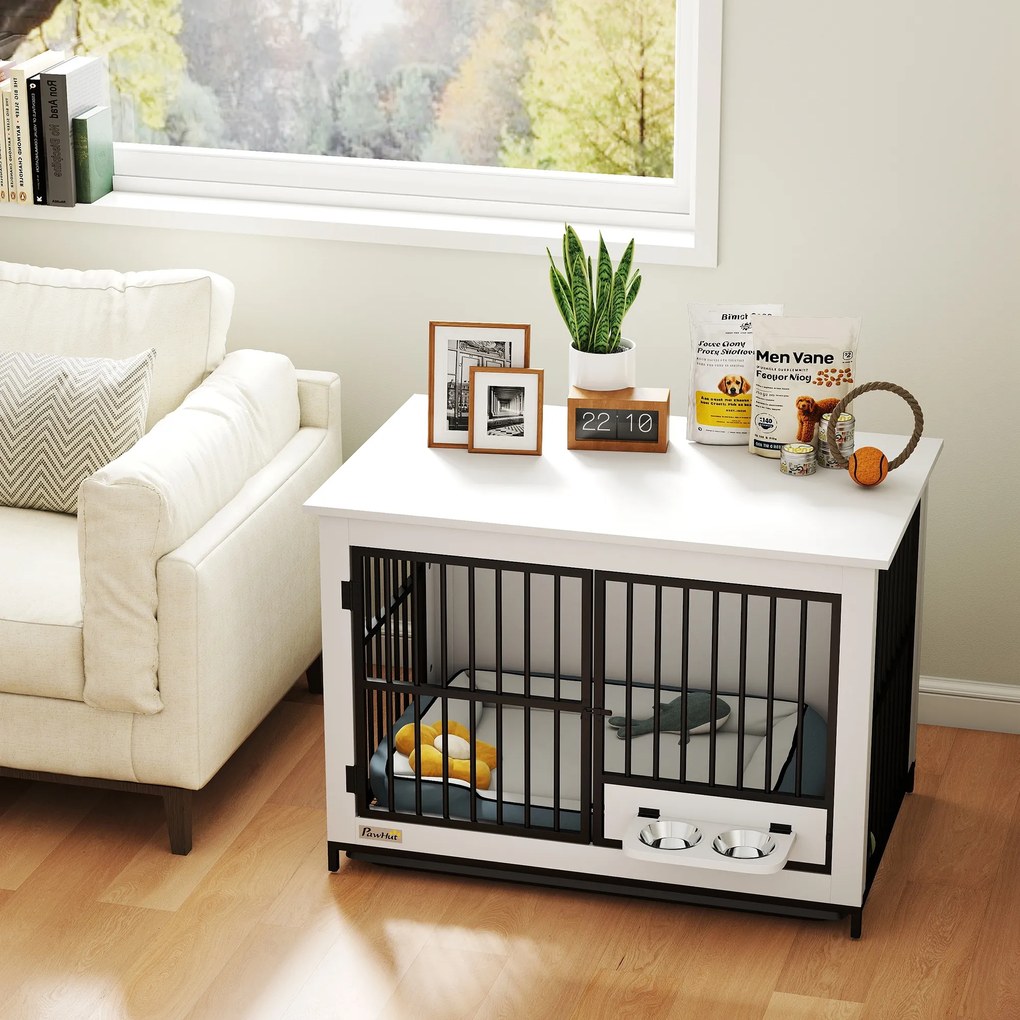 PawHut Cușcă mare pentru câini, acces ușor, închidere cu încuietoare, suport rotativ pentru boluri, pentru câini mici și mari, alb | Aosom Romania