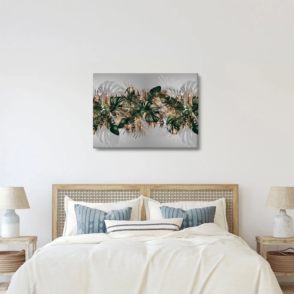 Tablou - Frunze tropicale, Galben - auriu (70x50 cm)