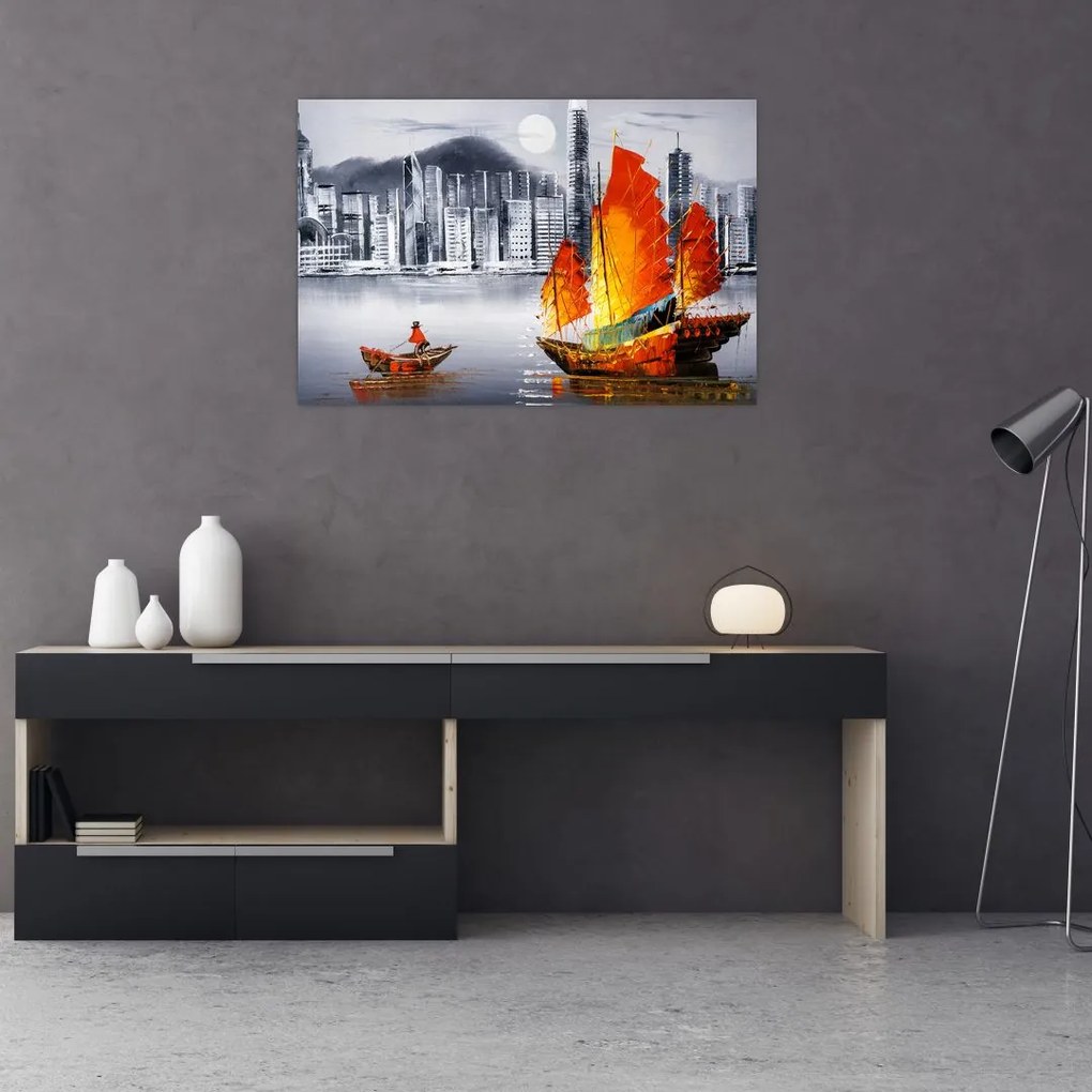 Tablou - Victoria Harbour, Hong Kong, pictură în ulei alb- negru (90x60 cm)