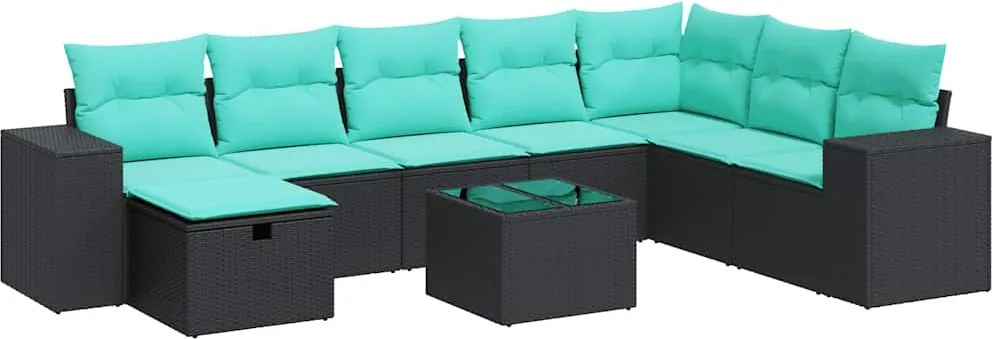 vidaXL Set mobilier de grădină cu perne, 9 piese, negru, poliratan