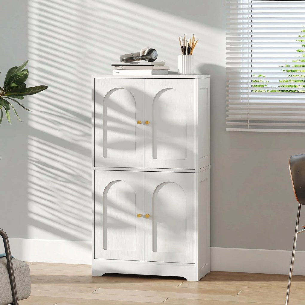 HOMCOM Comodă Bucătărie, Dulap Bucătărie cu 2 Dulapuri, 4 Uși Arcuite, 2 Rafturi Reglabile, cu Dispozitiv Anti-Răsturnare, 60x30x110 cm, pentru Sala de Masă, Living, Alb | Aosom Romania