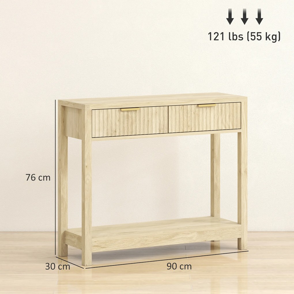 HOMCOM Consolă 90 cm, masă consolă îngustă cu 2 sertare canelate și raft, stil modern, lemn natural | Aosom Romania