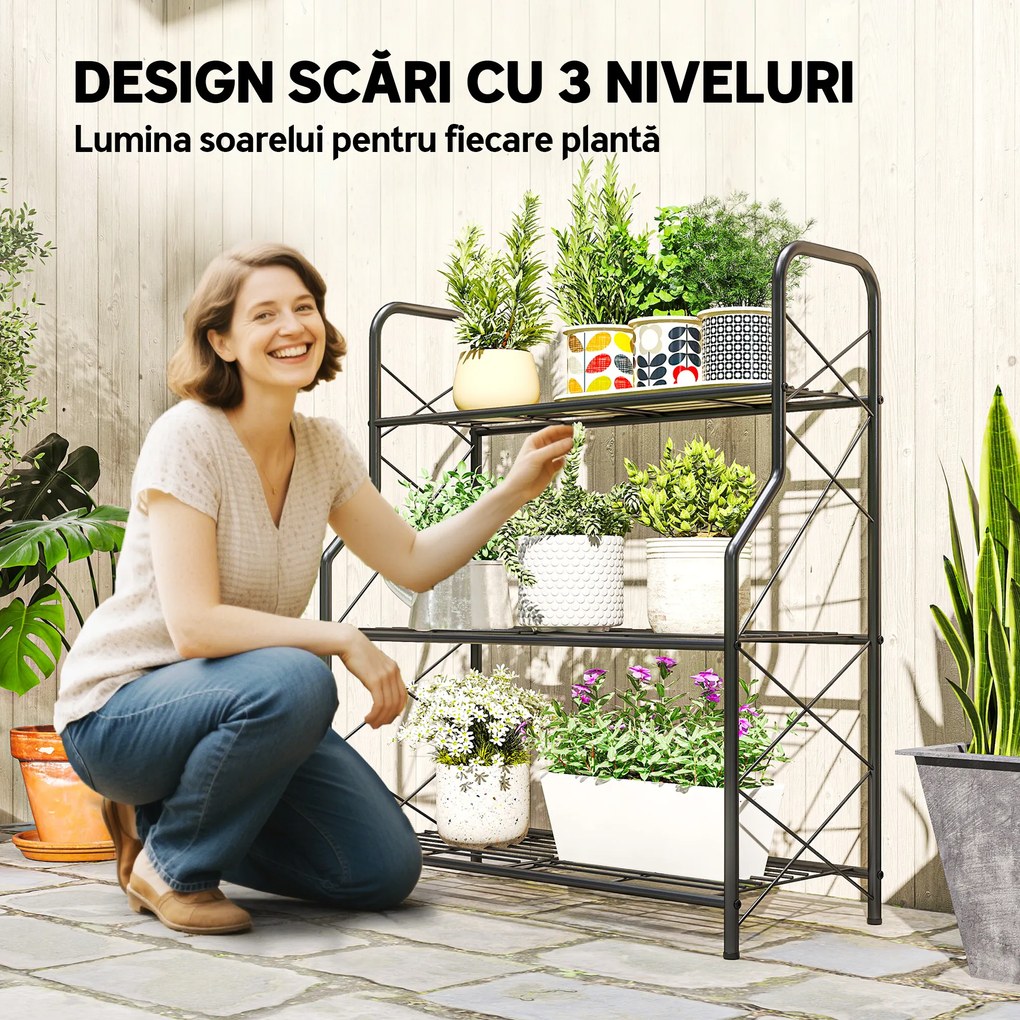 Outsunny Suport pentru Plante Vertical cu 3 Niveluri, cu Suporturi Laterale în X, Suport Ghivece cu Mânere Integrate din Metal pentru Interior și Exterior, 69x28.5x78 cm, Negru | Aosom Romania