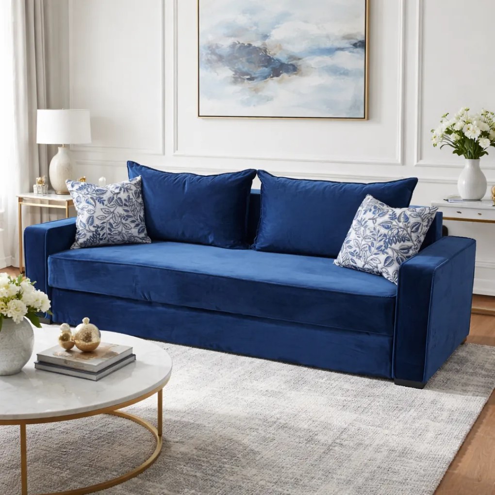 Canapea LARISA extensibila, 3 locuri, lada de depozitare, catifea bleumarin, 220x95x85 Bleumarin, Catifea