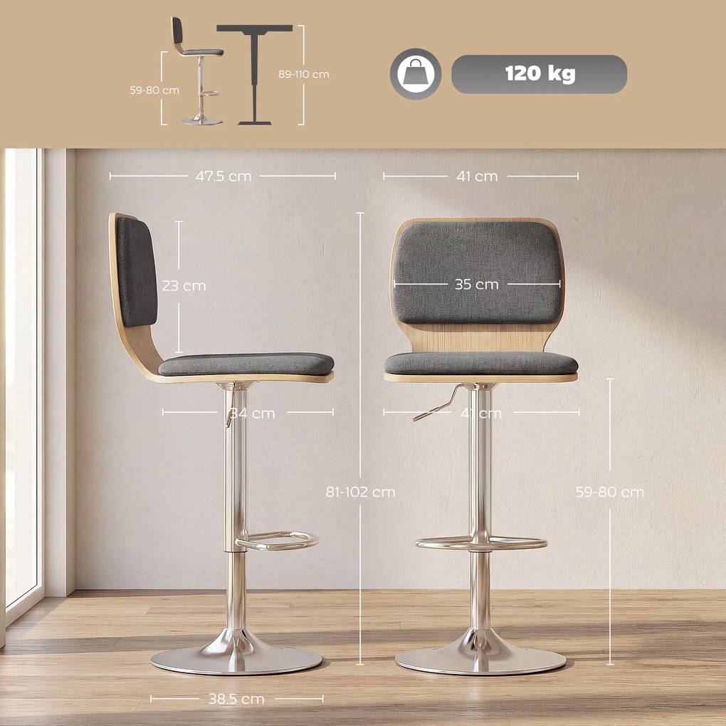 HOMCOM Set de 2 scaune de bar scaune de bar reglabile pe înălțime spătar suport pentru picioare rotative 360° 41x47,5x81-102cm gri | Aosom Romania