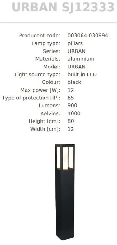 Stalp Exterior inaltime 80cm, Protectie IP65, LED URBAN
